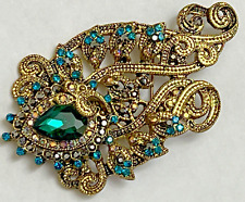 Green Aqua Blue Glass Crystal Rhinestone Brooch Pin Flower Antique Gold Tone AB picture