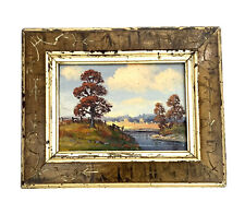 Painting Fall Autumn landscape Antique Original Oil on Board in Engraved Frame picture