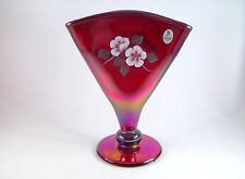 Fenton 2001 Damask Rose on Red Iridescent Carnival Glass Fan Vase 8