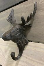 Antique Cast Iron Wall Hooks Brown Moose Head Coat Hat Towel Hanging Rustic picture
