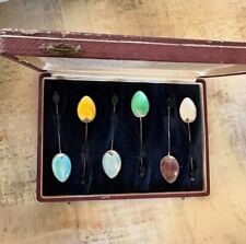 Antique set of 6 English Silver Enameled Spoons in original box picture