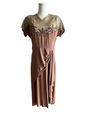 Vintage 1940s Pre War Crepe Brown Dress Lace Sequin Bodice Detail Size M/L picture