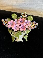 Vintage Pink Floral Enamel Brooch With Green Leaves picture