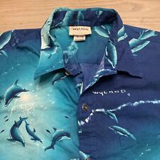 VTG Wyland Studios Dolphin Button Up Mens M Cotton Hawaiian Shirt Blue Short Slv picture