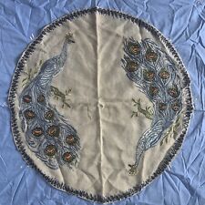 Vintage Heavily Embroidered Peacock Linen Raime Decor Piece picture