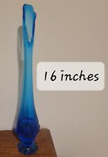 Vintage Fenton Art Glass Valencia Colonial Blue Swung Vase 16” Tall Pedestal picture