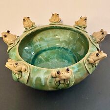 VTG Majolica With 8 Brown Frogs On Rim Of 8” moss green/teal Planter picture