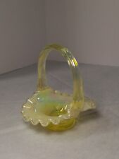 Vintage Fenton Yellow Vaseline Art Glass Iridescent Green Opalescent Basket MCM picture