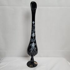 Fenton Black Ebony Swung Glass Single Bud Vase 13 In Thumbprint Handpainted Vint picture