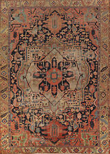 Pre-1900 Navy Blue Hand-made Vegetable Dye Heriiz Serapi Antique Large Rug 11x13 picture