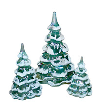 Fenton 1992 Christmas Trees ~ Snow Flocked Iridescent Green ~ Set Of 3 picture
