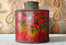 Antique Hand Painted Country Folk Art Red Tole Tinware Lidded Tea Caddy picture