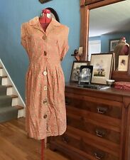 Vintage 1950s 60s COTTON CORAL YELLOW PAISLEY PLEATED SHIRT DRESS LG BUTTONS ML picture