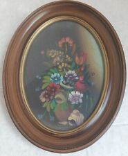 Vtg Italy Oil Painting Flowers Still Print In Oval  Frame Hanging Wall Decor picture