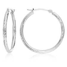 14K Real Solid White Gold Full Diamond-Cut Round Creole Hoop Earrings All Sizes picture