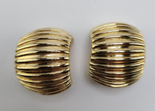 Signed Vintage Givenchy Gold Tone Ribbed Clip Earrings, 1980s Designer Fashion picture