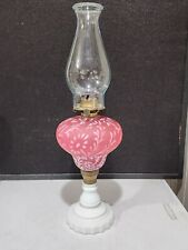 Fenton-L.G.WRIGHT CRANBERRY Frosted FERN AND DAISY OIL LAMP Milk Glass BASE picture