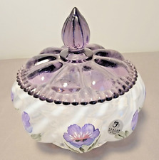 Vintage Fenton White/Violet Opalescent Hand Painted Covered Dish Violet Flowers picture