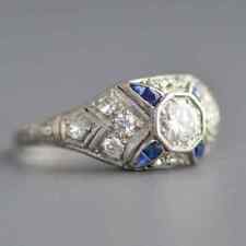 Art Deco Vintage Style 2Ct Diamond Blue Sapphire 14K White Gold FN Wedding Ring picture
