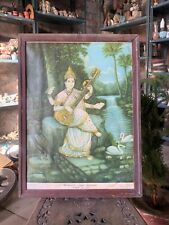Vintage 1934 Goddess Saraswathi Painting by Indian Artist Print Wooden Framed picture