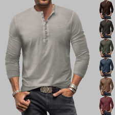Mens Henley Casual Shirts Long Sleeve Slim Fit Button Solid Grandad T Shirt Tops picture