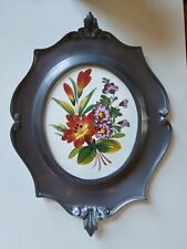 Italian BASSANO Hand Painted Oval Floral Tile Ornate Pewter Frame Wall Decor picture