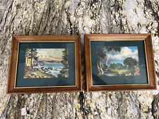 2  Vintage American Folk Art Mountain River Forest Framed Art Cabin Cottage picture