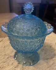 Vintage Blue Fenton Candy Dish Compote Blue Daisy Button Pedestal Bowl & Lid  picture