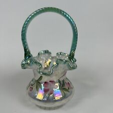 Vintage Fenton Art Glass Basket Hand Painted Signed Green Opalescent Handle picture