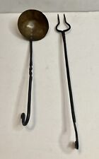 Antique Primitive Early American Wrought Iron Brass Utensils Ladle Fork Numbered picture