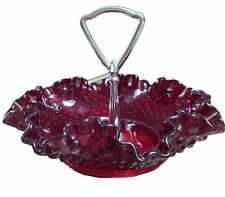 Vintage Red Hobnail Fenton Glass Candy Dish With Silver Handle picture
