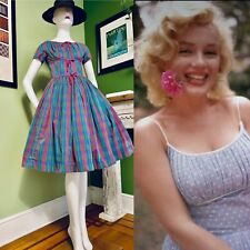 Vtg 50s  Milkmaid Cotton Vertical Stripe Fit & Flair Day Dress S 34 26 picture