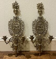 Antique Victorian Brass Wall Sconce Cherubs  Vintage 2 PC Set Candleholders picture