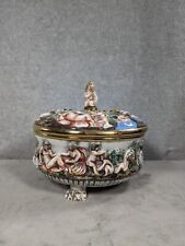 Vtg Capodimonte Porcelain Bernini Lidded Footed Hand Painted Bowl w/ Cherubs picture