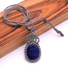 Handmade Natural Lapis Lazuli Bohemian Macrame Pendant Healing Crystal Necklace picture