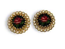 Vintage Austrian Crystal Round Needlepoint Floral Earrings Signed Austria picture