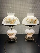 Vintage Pair Of Double Globe Hurricane Lamps 3 Way Floral Milk Glass Shade Works picture