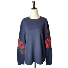 Furst Of A Kind Shirt Women Large Blue Thermal Knit Rose Embroidered Top picture