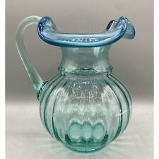 Vintage Fenton Art Glass Pitcher/Vase Green Blue Rim Sticker Unpainted Blank picture