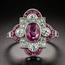 Antique Art Deco Pink Ruby & Lab-Created Diamond Engagement 925 Silver Ring picture