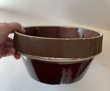 Vtg Brown & Cream Stoneware Mixing Bowl Wide Rim Shoulder Band, Straight Sides picture