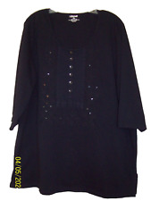 2X 22/24 Liz & Me Black 100% Cotton Top 3/4 Sleeve Sequins & Embroidery Bust 52