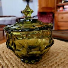 Vintage Fenton Glass Valencia Colonial Green Covered Candy Dish Covered Bowl picture