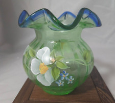 Vintage Fenton Light Green Rose Bowl with Blue Scalloped Edge - signed picture