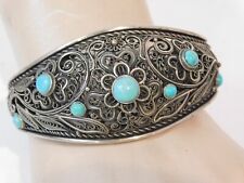 Russian Hand made Filigree 800 Silver Turquoise Wide Hinged Bangle Bracelet  picture