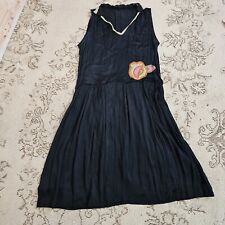 Antique 1920s Black Embroidered Flower Detail Sleeveless Flapper Art Deco Dress picture