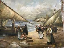 Antique original oil painting signed S Rishs boat ships 1900 Villagers Fishermen picture