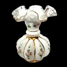 Vintage Fenton Glass Melon Vase Charleton Silver Crest Handpainted Roses Gold 6