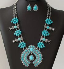 Southwestern Squash Blossom Blue Turquoise Silver Plated Necklace Earrings Set picture