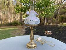 VINT. FENTON GLASS OPALESCENT DIAMOND OPTIC TRELLIS PINK CREST LAMP HP & SIGNED picture